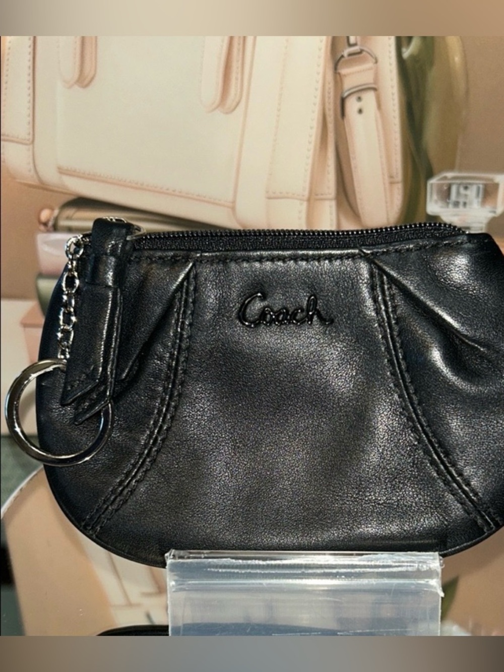 Coach Black Leather Mini Zip Wallet Coin Purse / Card Holder Key Ring